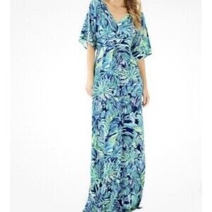 Lilly Pulitzer Sz M Parigi Maxi Dress Armadilly Dally Blue Green Surplice Neck